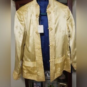 Vintage Solz Squirrel Navy Blue And Gold Elegant Blue Satin Asian Jacket